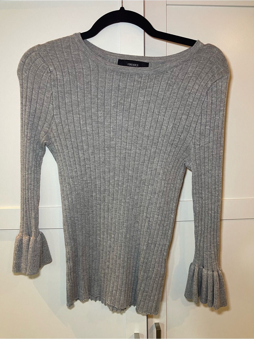 Forever 21 Gray Ribbed Knit Sweater with Flared Bell Cuffs